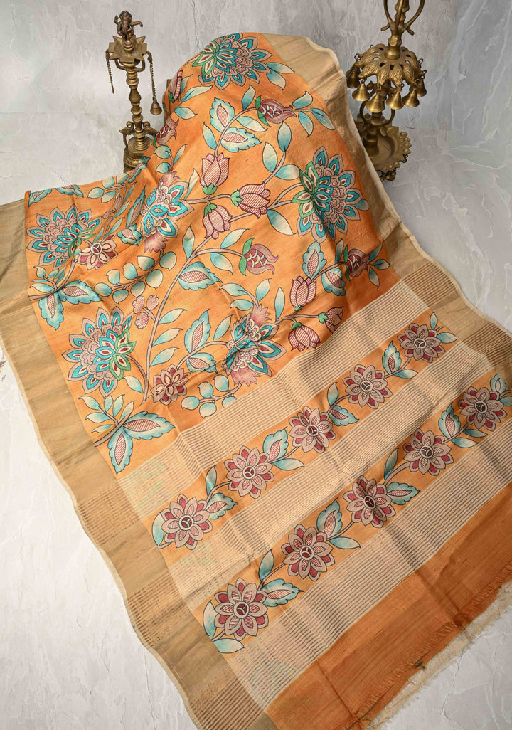 Mustard Jari Tussar Saree with Floral Kalamkari Hand Painted and Zari Border | SILK MARK CERTIFIED