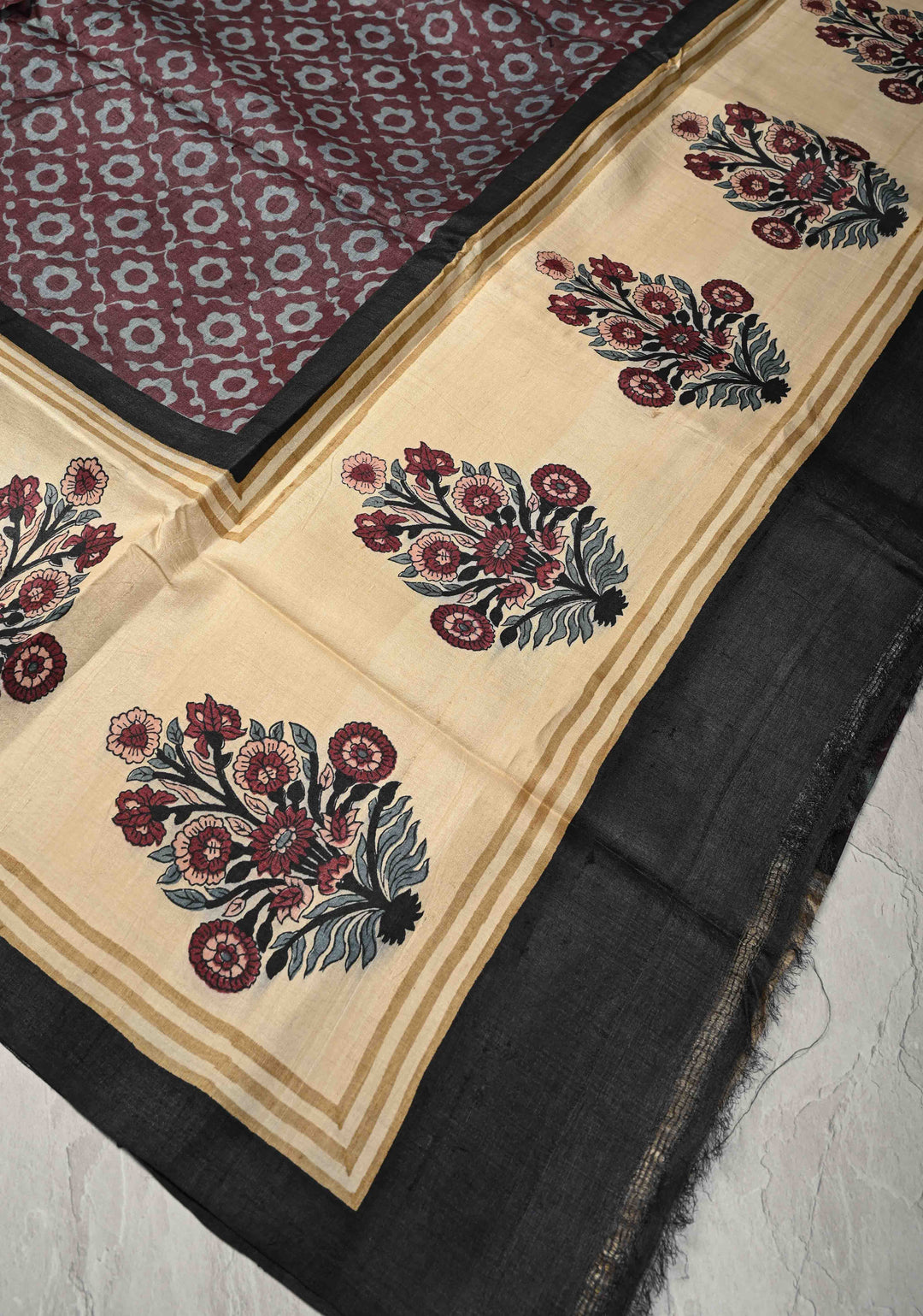 Coco Brown Pure Tussar Silk Saree with Floral Handblock Print  | SILK MARK CERTIFIED