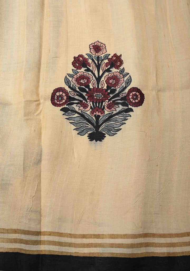 Coco Brown Pure Tussar Silk Saree with Floral Handblock Print  | SILK MARK CERTIFIED