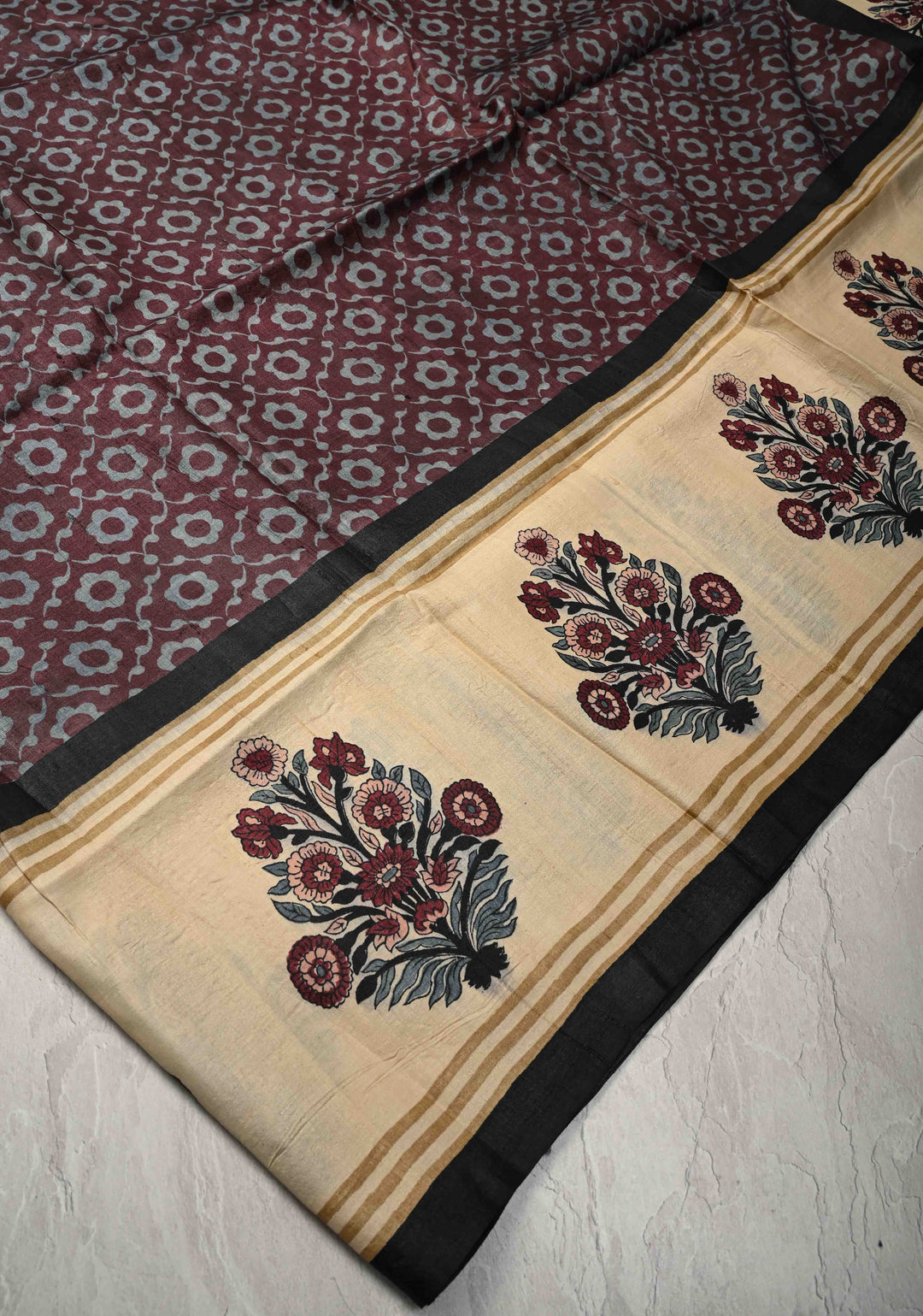 Coco Brown Pure Tussar Silk Saree with Floral Handblock Print  | SILK MARK CERTIFIED