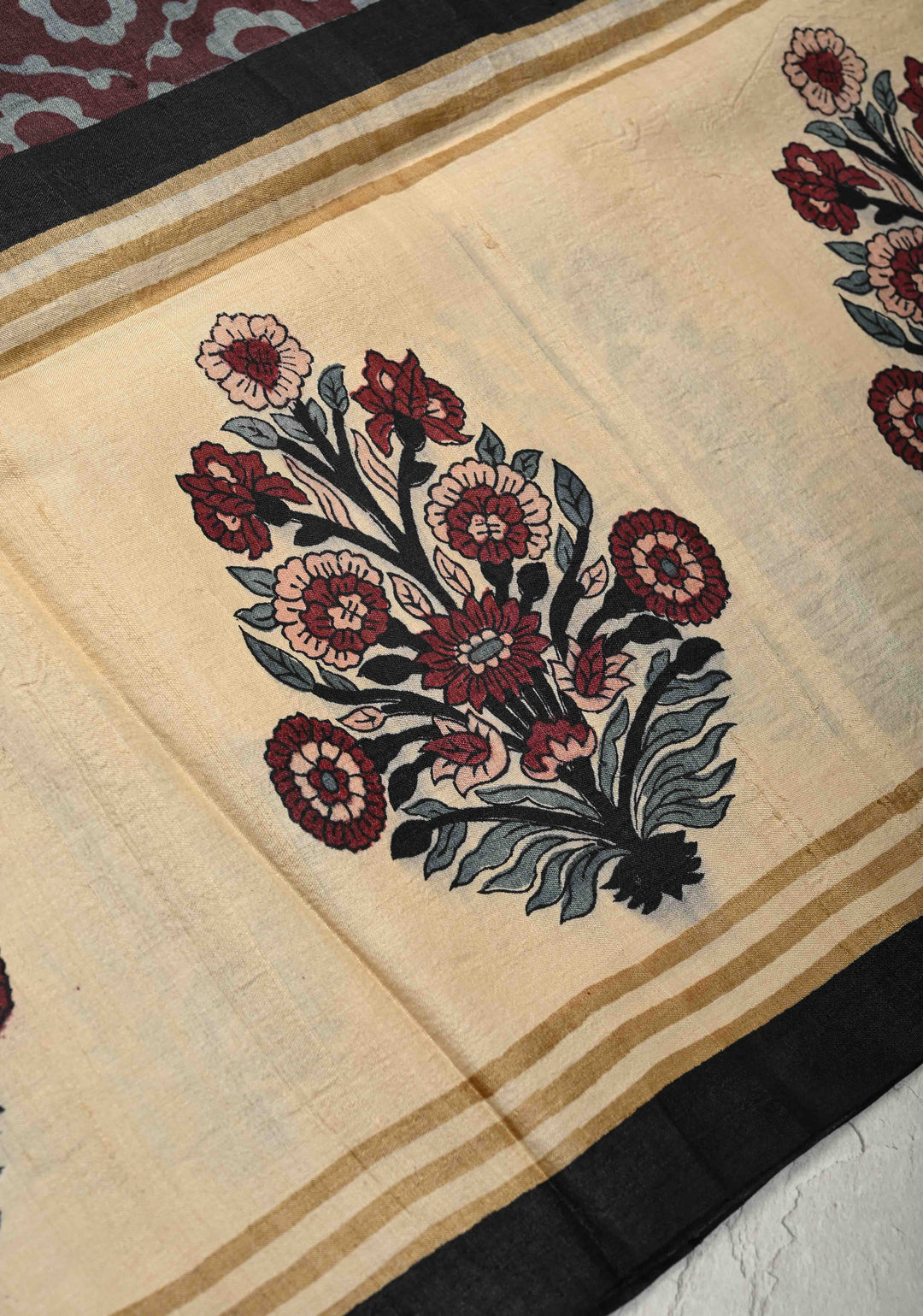 Coco Brown Pure Tussar Silk Saree with Floral Handblock Print  | SILK MARK CERTIFIED