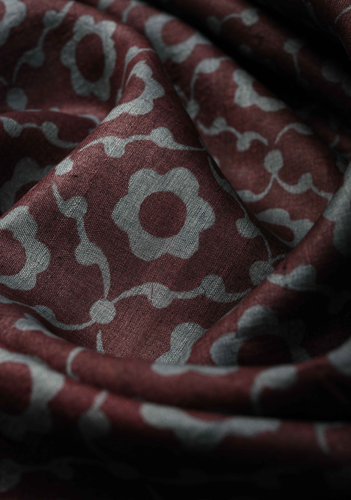 Coco Brown Pure Tussar Silk Saree with Floral Handblock Print  | SILK MARK CERTIFIED