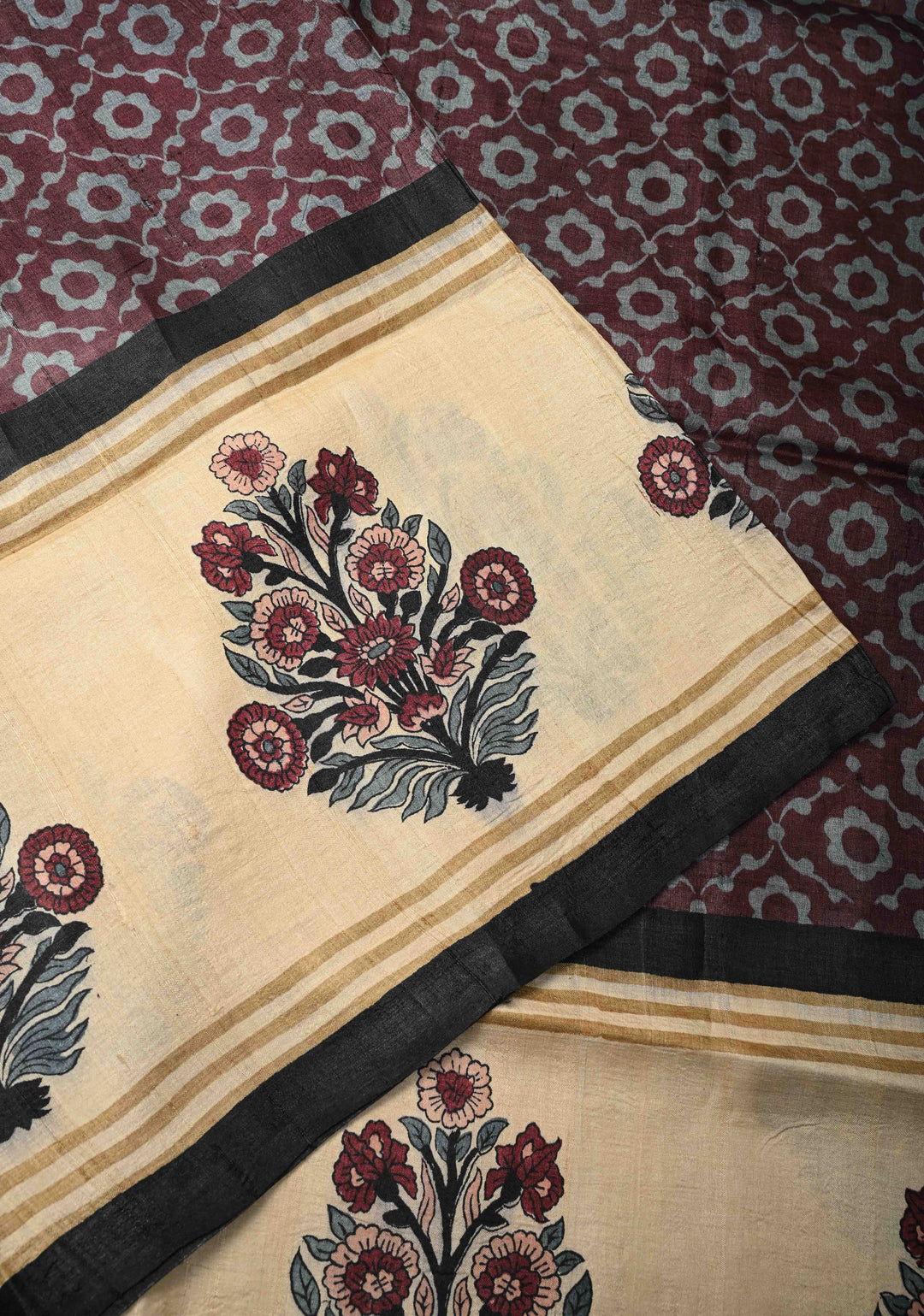 Coco Brown Pure Tussar Silk Saree with Floral Handblock Print  | SILK MARK CERTIFIED