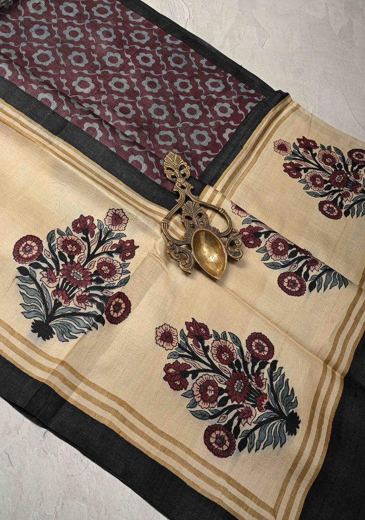 Coco Brown Pure Tussar Silk Saree with Floral Handblock Print  | SILK MARK CERTIFIED