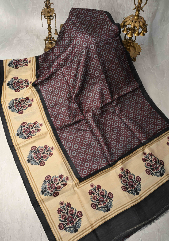 Coco Brown Pure Tussar Silk Saree with Floral Handblock Print  | SILK MARK CERTIFIED