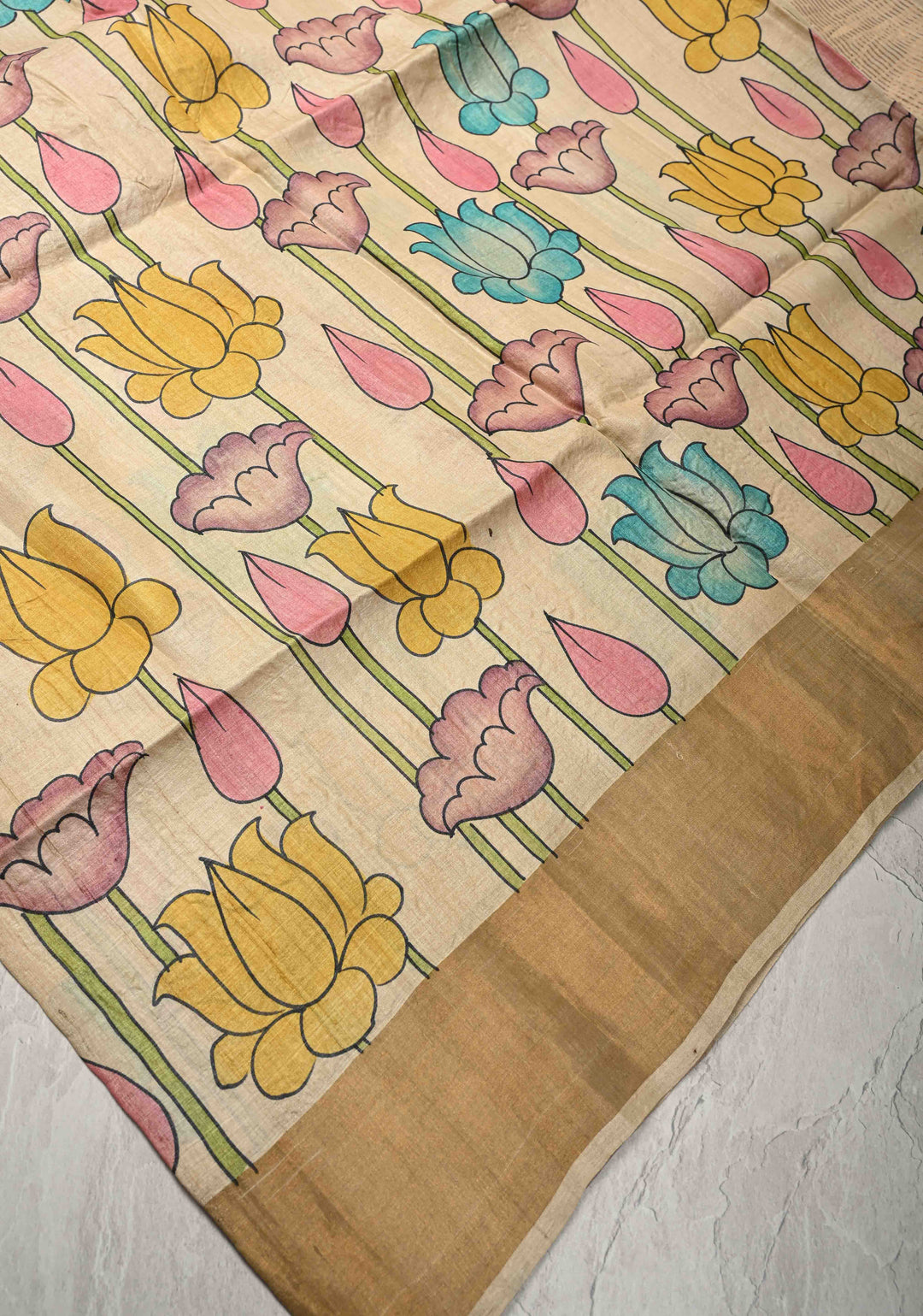 Beige Jari Tussar Saree with Kalamkari Hand Painted and Zari Border | SILK MARK CERTIFIED
