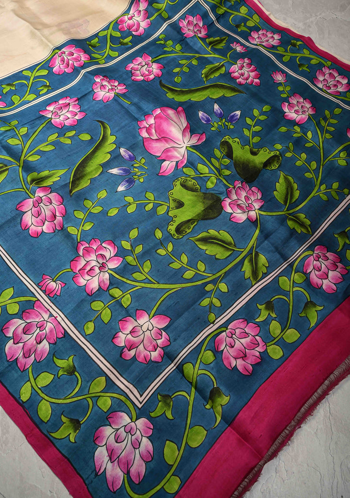 Beige Pure  Bishnupuri Silk Saree with PIchwai Design Lotus Hand Painted details | SILK MARK CERTIFIED