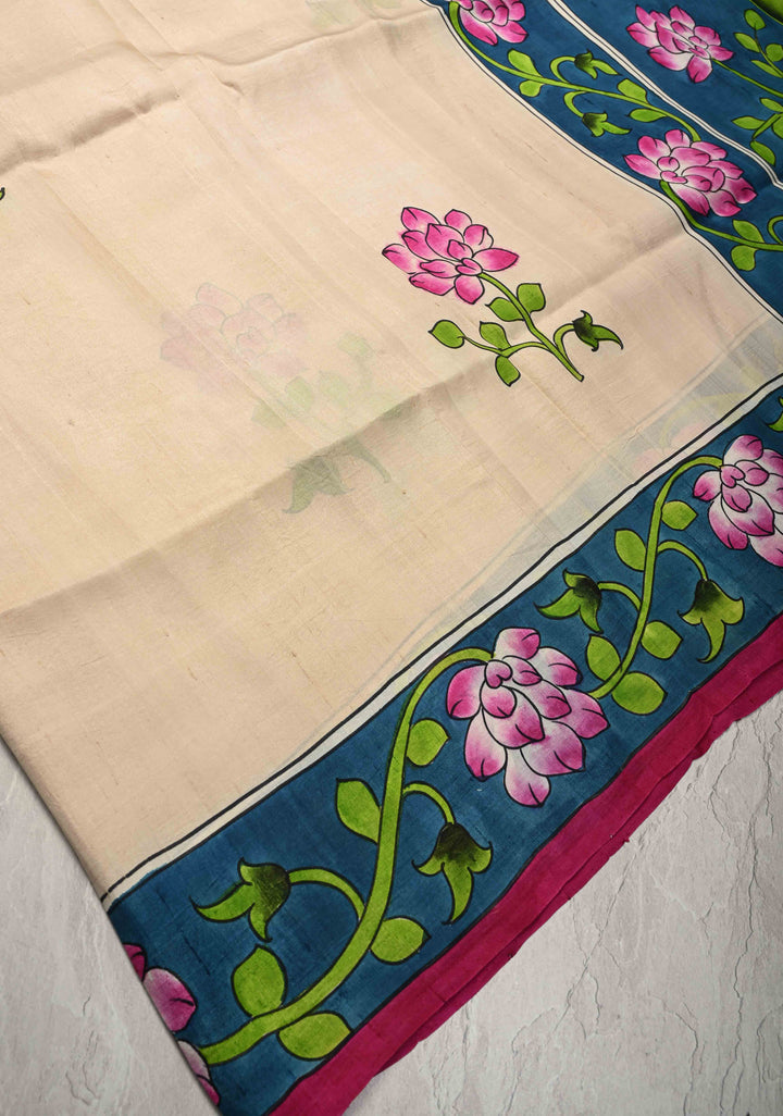 Beige Pure  Bishnupuri Silk Saree with PIchwai Design Lotus Hand Painted details | SILK MARK CERTIFIED