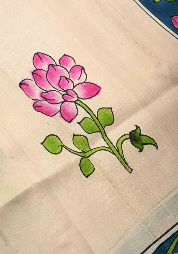 Beige Pure  Bishnupuri Silk Saree with PIchwai Design Lotus Hand Painted details | SILK MARK CERTIFIED