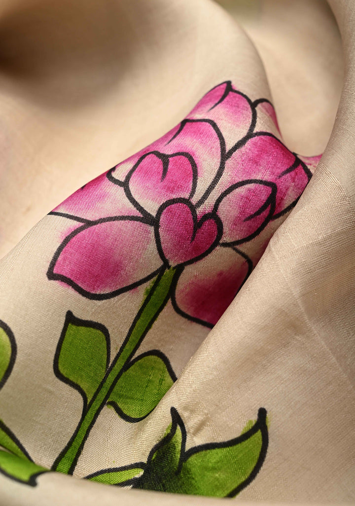 Beige Pure  Bishnupuri Silk Saree with PIchwai Design Lotus Hand Painted details | SILK MARK CERTIFIED