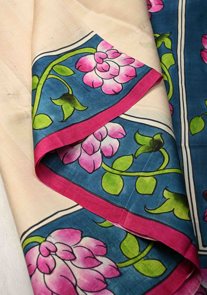 Beige Pure  Bishnupuri Silk Saree with PIchwai Design Lotus Hand Painted details | SILK MARK CERTIFIED