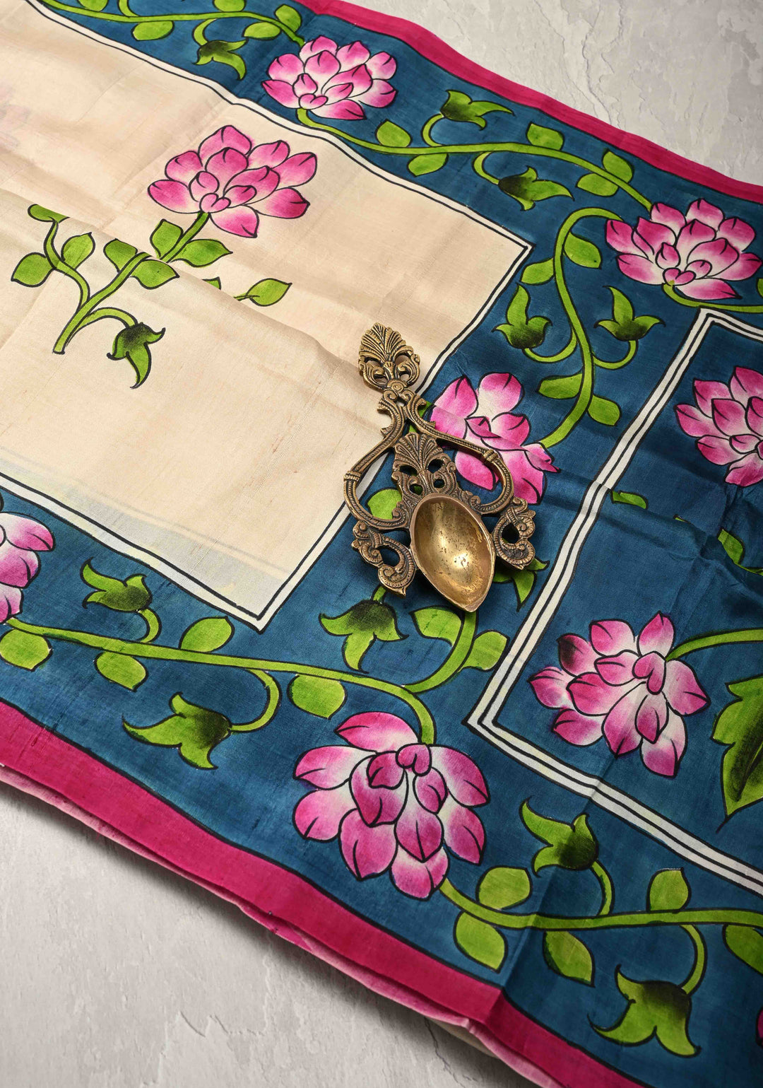 Beige Pure  Bishnupuri Silk Saree with PIchwai Design Lotus Hand Painted details | SILK MARK CERTIFIED