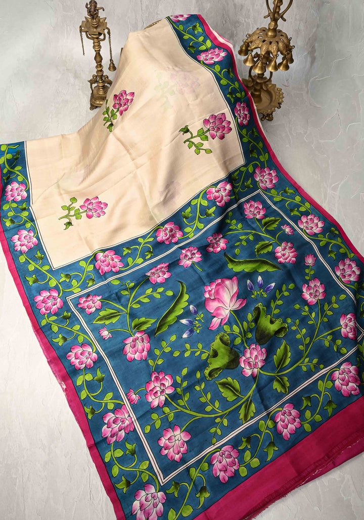 Beige Pure  Bishnupuri Silk Saree with PIchwai Design Lotus Hand Painted details | SILK MARK CERTIFIED