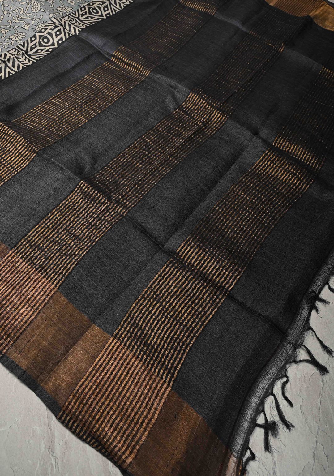 Gray Pure Jari Tussar Silk Saree with Floral Handblock Print and Zari Border | SILK MARK CERTIFIED