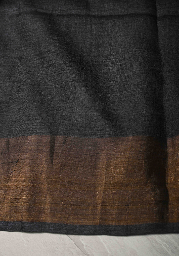 Gray Pure Jari Tussar Silk Saree with Floral Handblock Print and Zari Border | SILK MARK CERTIFIED