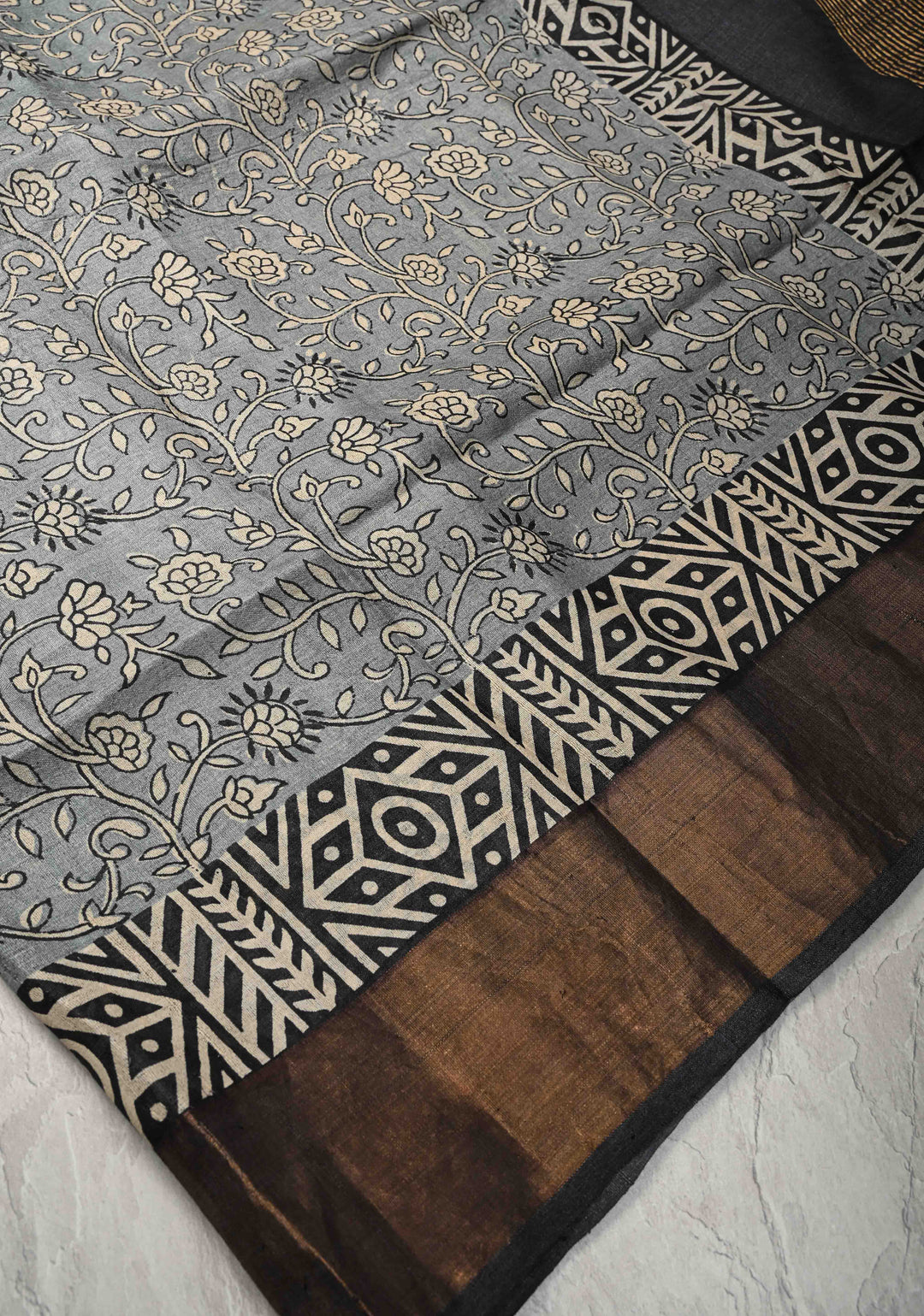 Gray Pure Jari Tussar Silk Saree with Floral Handblock Print and Zari Border | SILK MARK CERTIFIED