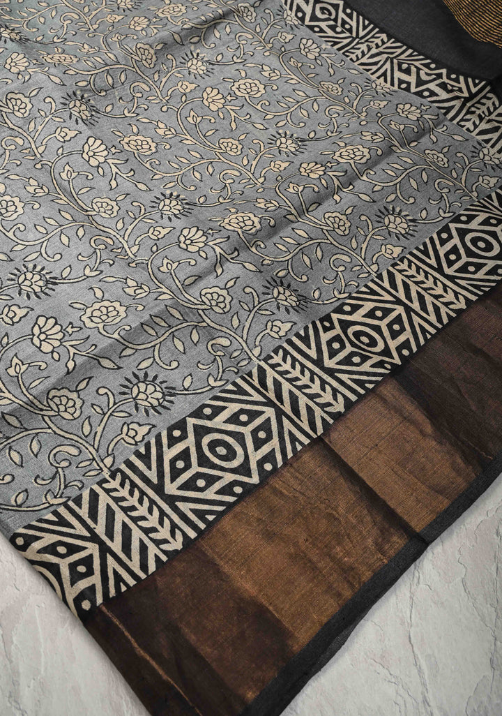 Gray Pure Jari Tussar Silk Saree with Floral Handblock Print and Zari Border | SILK MARK CERTIFIED