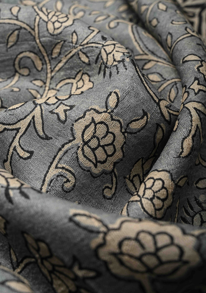 Gray Pure Jari Tussar Silk Saree with Floral Handblock Print and Zari Border | SILK MARK CERTIFIED