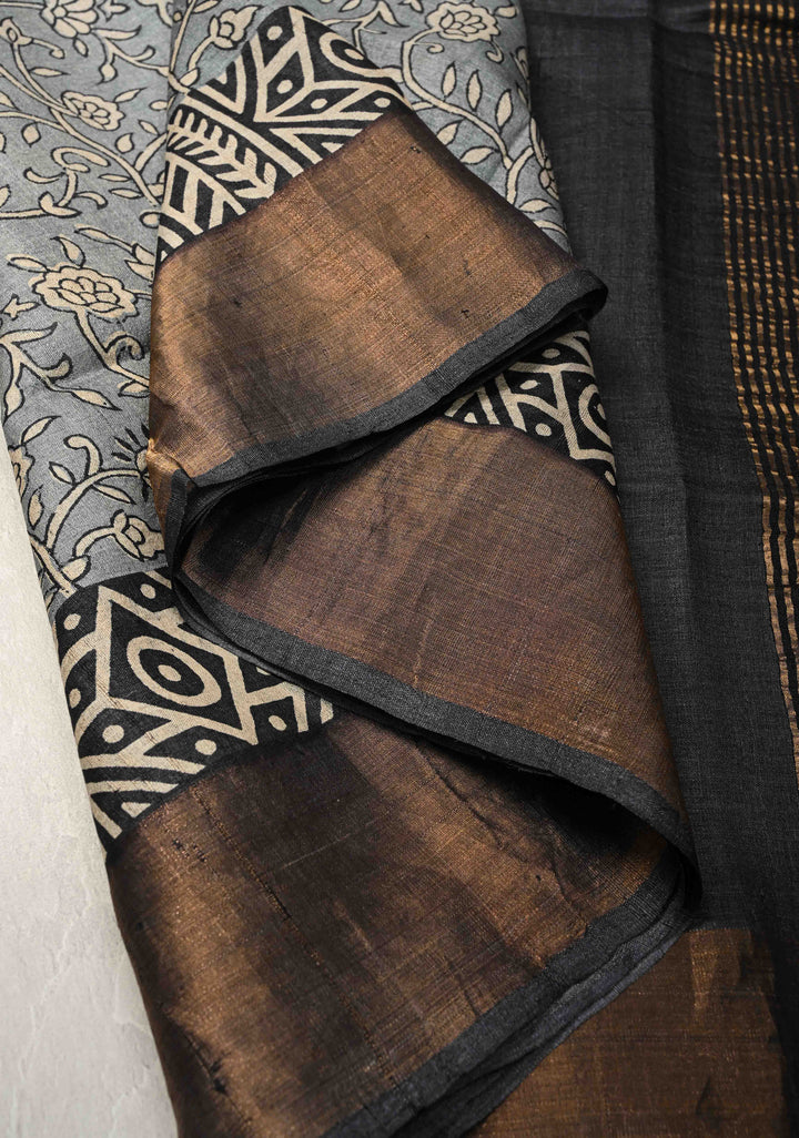 Gray Pure Jari Tussar Silk Saree with Floral Handblock Print and Zari Border | SILK MARK CERTIFIED