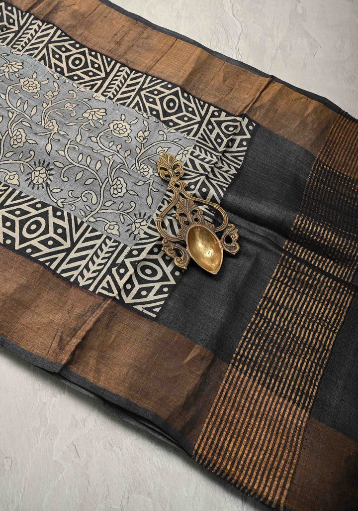 Gray Pure Jari Tussar Silk Saree with Floral Handblock Print and Zari Border | SILK MARK CERTIFIED