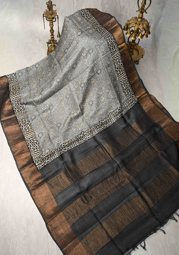 Gray Pure Jari Tussar Silk Saree with Floral Handblock Print and Zari Border | SILK MARK CERTIFIED