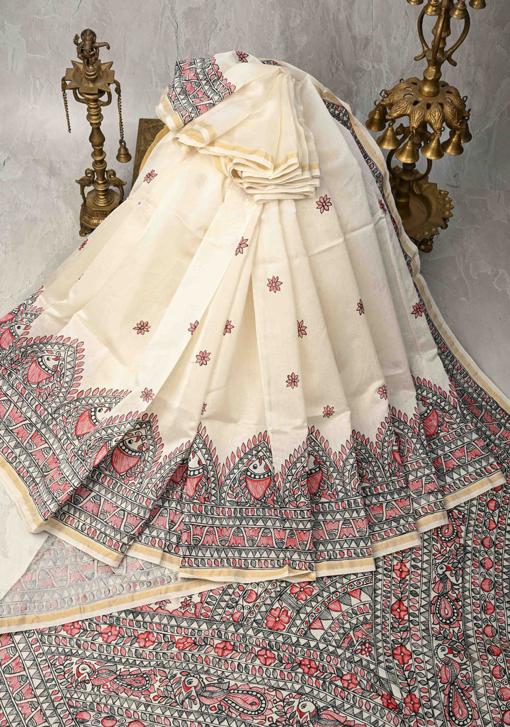 White Chanderi  Silk Saree with Madhubani Handpainted and Minimal Zari Border