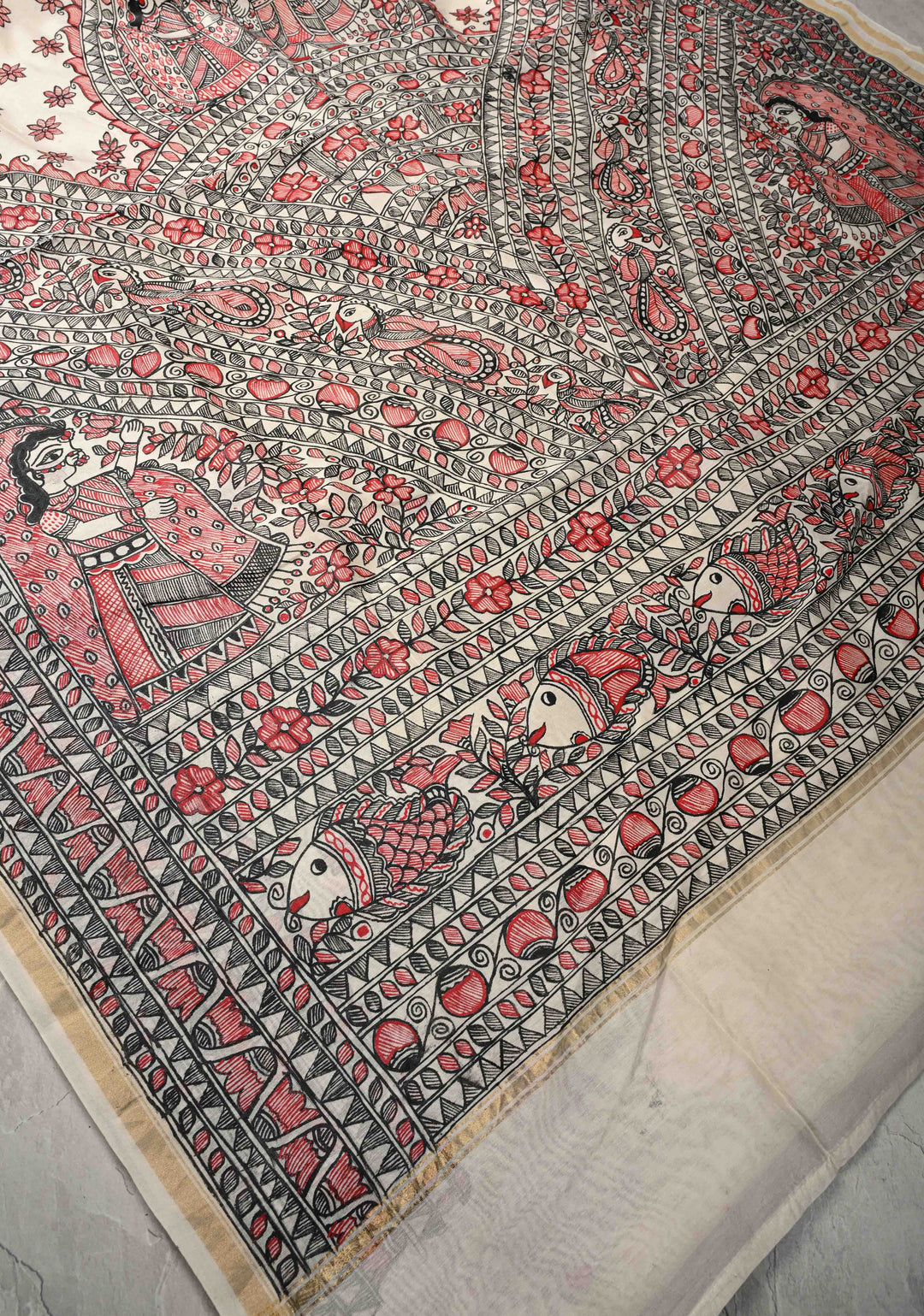 White Chanderi  Silk Saree with Madhubani Handpainted and Minimal Zari Border