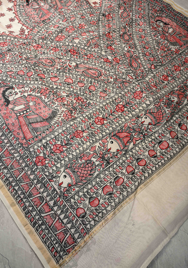 White Chanderi  Silk Saree with Madhubani Handpainted and Minimal Zari Border