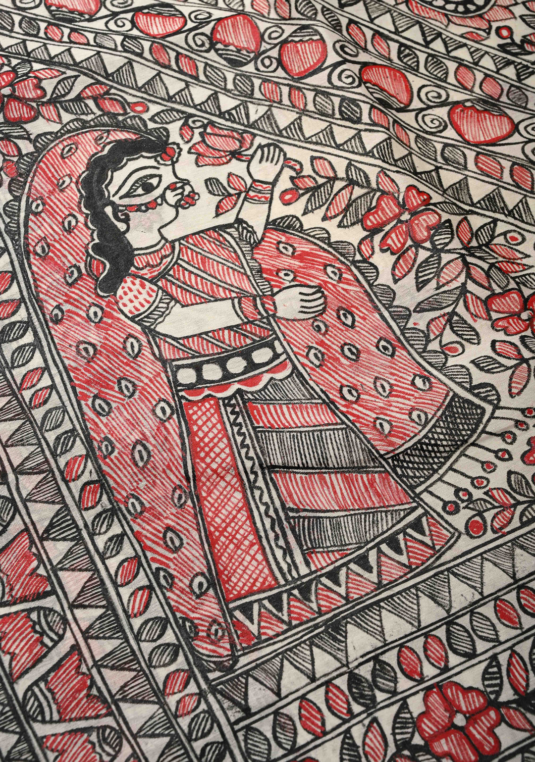 White Chanderi  Silk Saree with Madhubani Handpainted and Minimal Zari Border