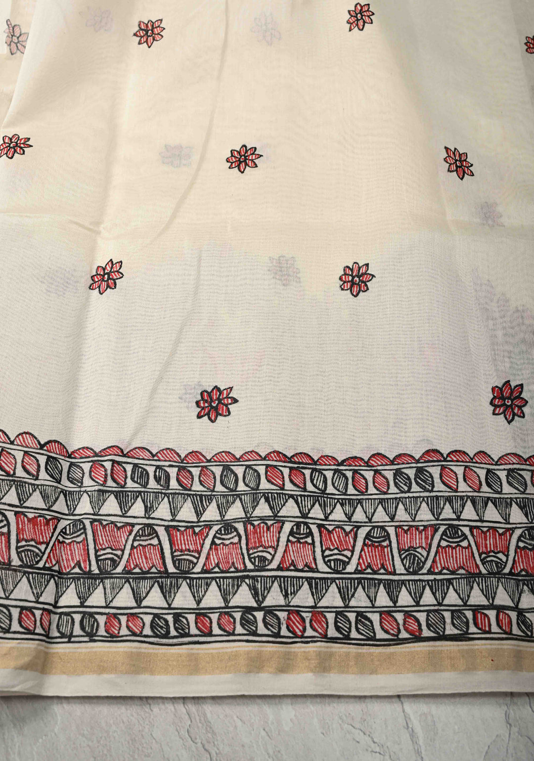White Chanderi  Silk Saree with Madhubani Handpainted and Minimal Zari Border