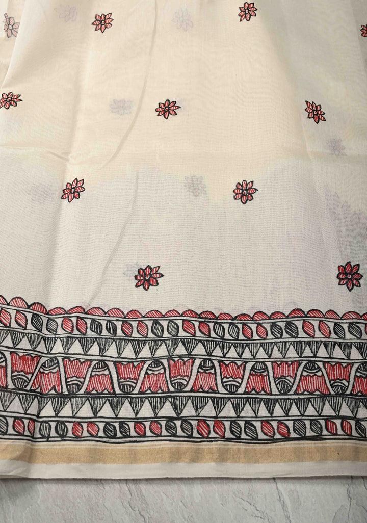 White Chanderi  Silk Saree with Madhubani Handpainted and Minimal Zari Border