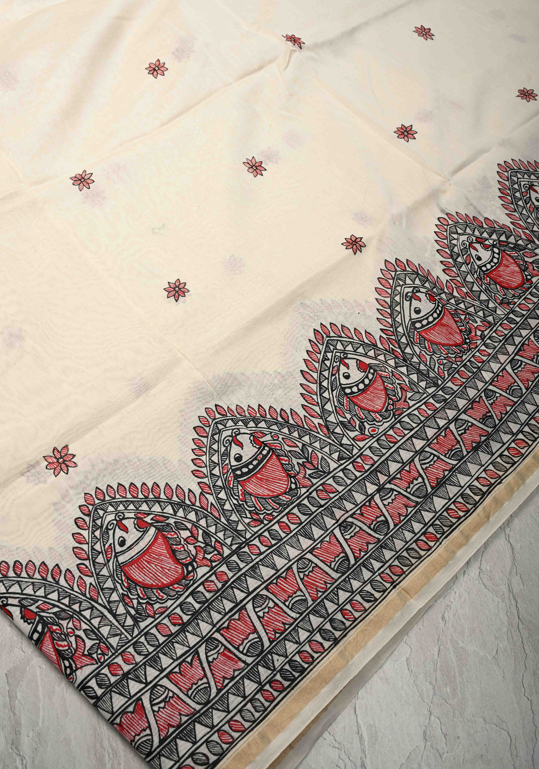 White Chanderi  Silk Saree with Madhubani Handpainted and Minimal Zari Border