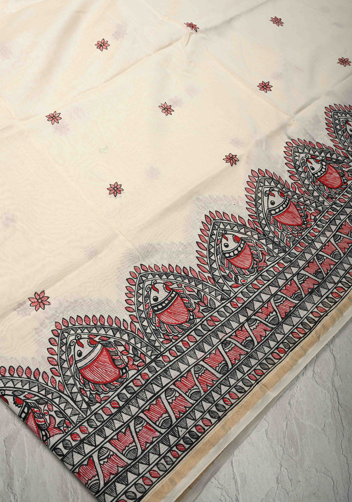 White Chanderi  Silk Saree with Madhubani Handpainted and Minimal Zari Border