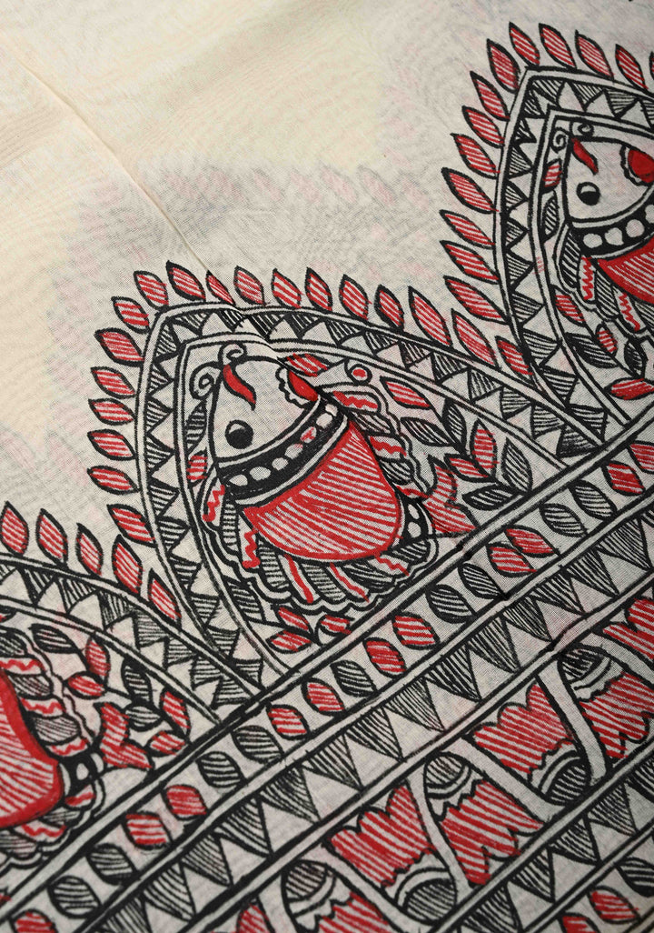 White Chanderi  Silk Saree with Madhubani Handpainted and Minimal Zari Border