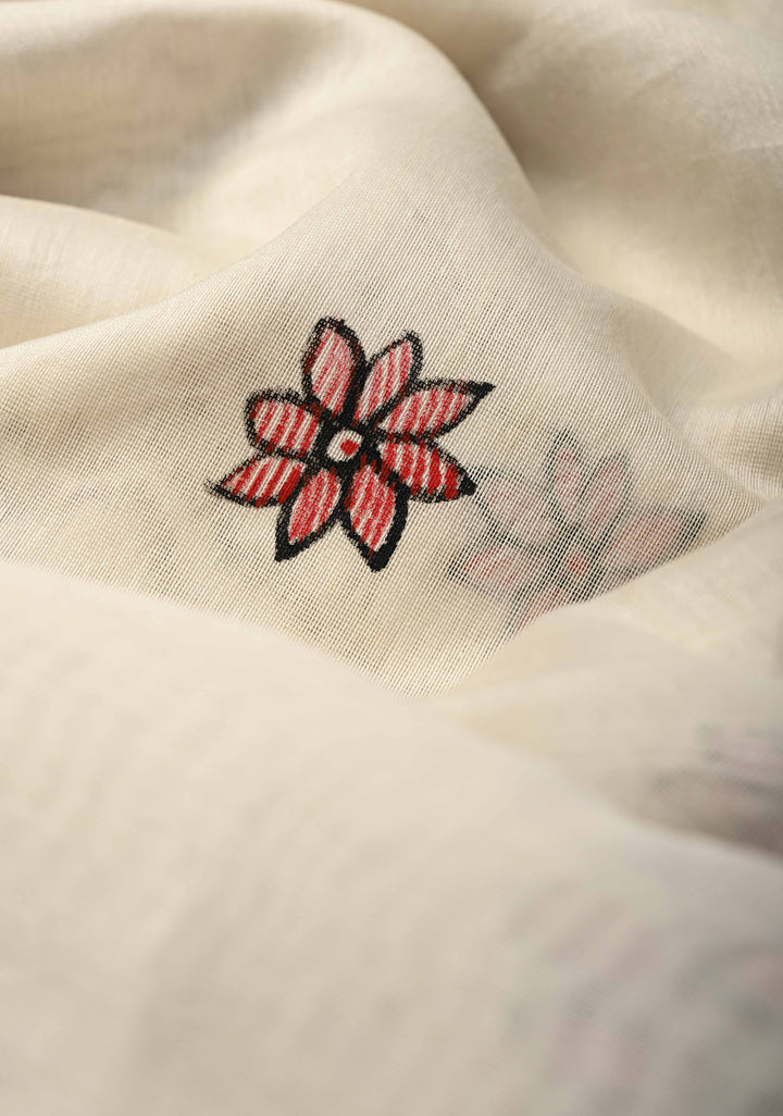 White Chanderi  Silk Saree with Madhubani Handpainted and Minimal Zari Border