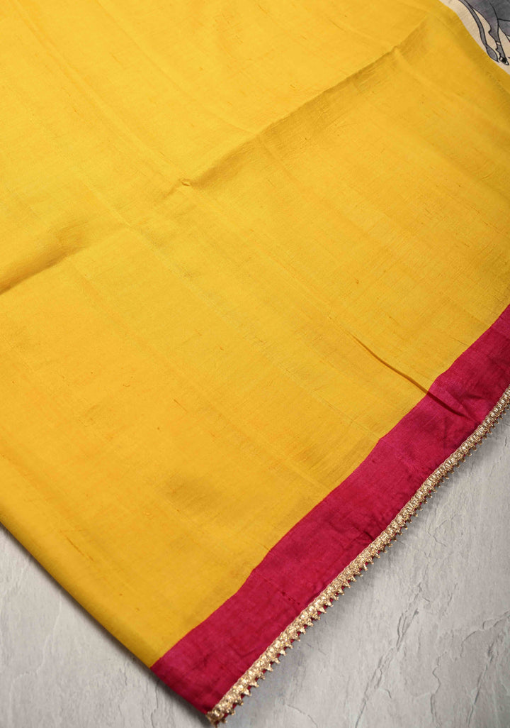 Yellow Pure Bishnupuri Silk Saree with Pichwai Hand Painted on Pallu and Gotta Border | SILK MARK CERTIFIED