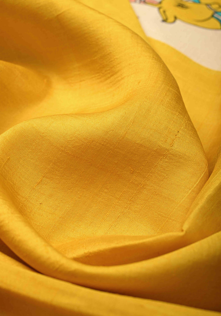 Yellow Pure Bishnupuri Silk Saree with Pichwai Hand Painted on Pallu and Gotta Border | SILK MARK CERTIFIED