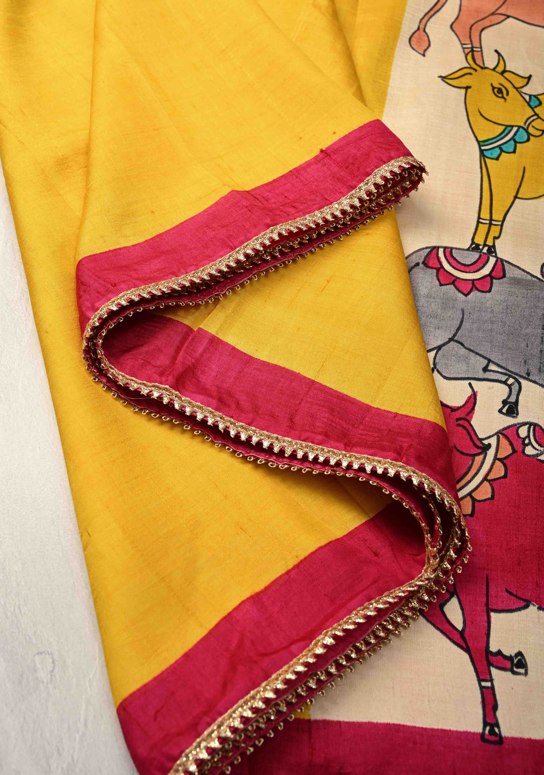 Yellow Pure Bishnupuri Silk Saree with Pichwai Hand Painted on Pallu and Gotta Border | SILK MARK CERTIFIED