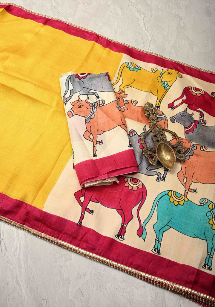 Yellow Pure Bishnupuri Silk Saree with Pichwai Hand Painted on Pallu and Gotta Border | SILK MARK CERTIFIED
