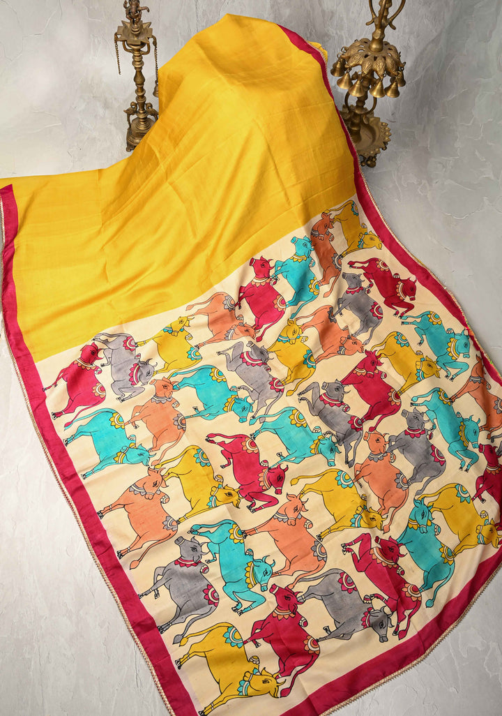 Yellow Pure Bishnupuri Silk Saree with Pichwai Hand Painted on Pallu and Gotta Border | SILK MARK CERTIFIED