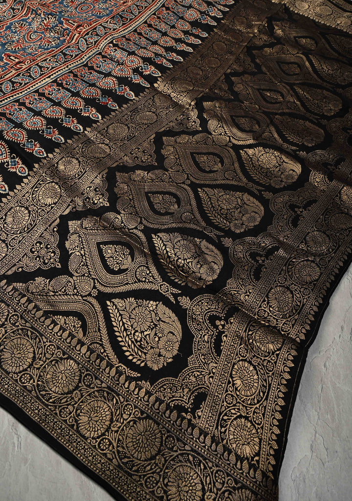 Black Ajrakh Hand Block Print on Dola Silk Saree with Fancy Zari Border