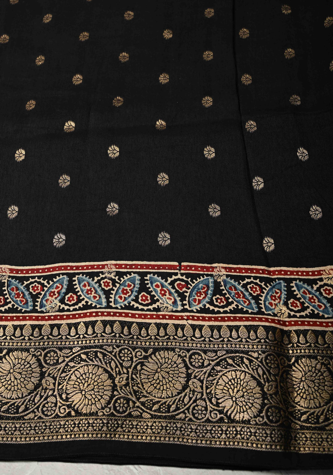 Black Ajrakh Hand Block Print on Dola Silk Saree with Fancy Zari Border