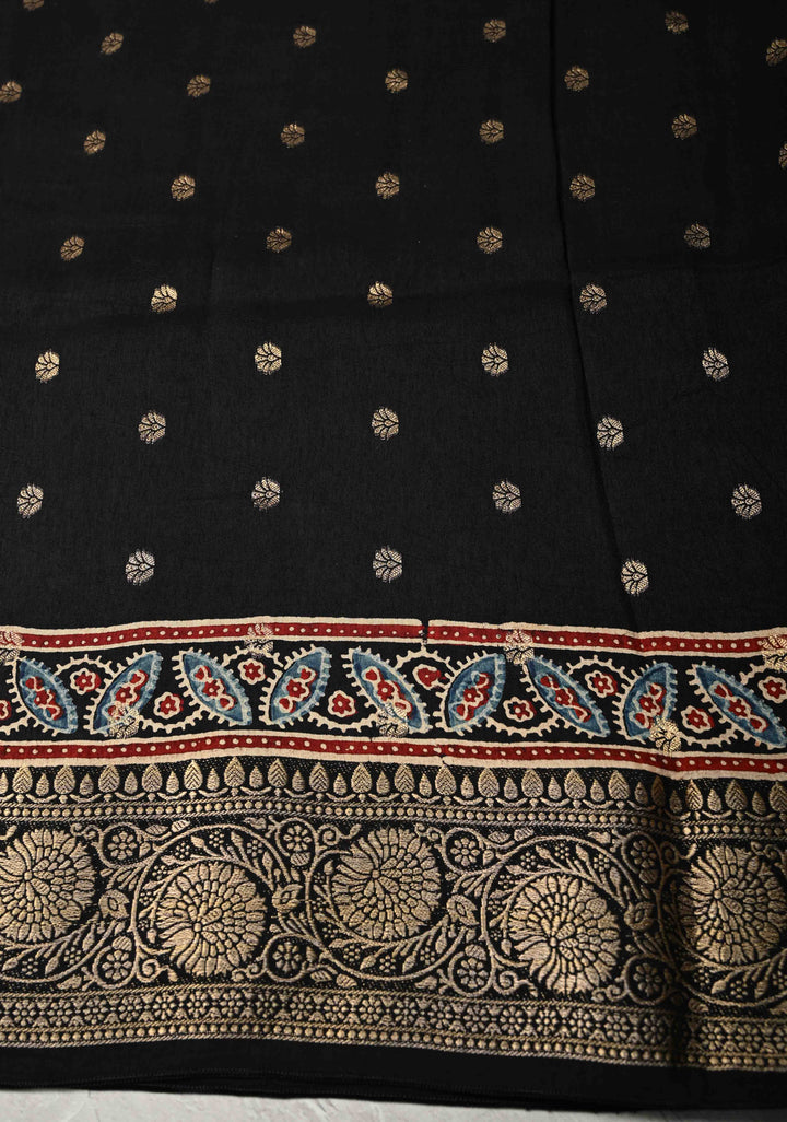 Black Ajrakh Hand Block Print on Dola Silk Saree with Fancy Zari Border