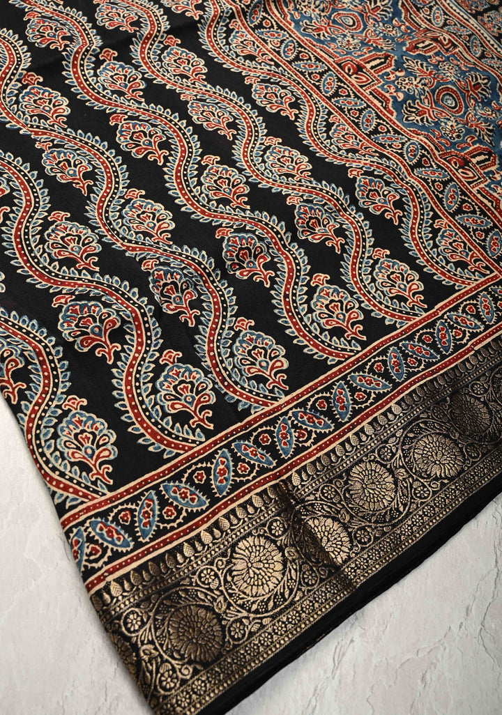 Black Ajrakh Hand Block Print on Dola Silk Saree with Fancy Zari Border