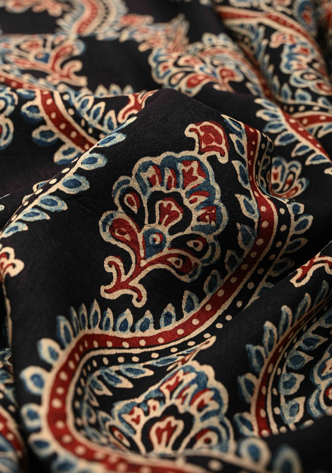 Black Ajrakh Hand Block Print on Dola Silk Saree with Fancy Zari Border