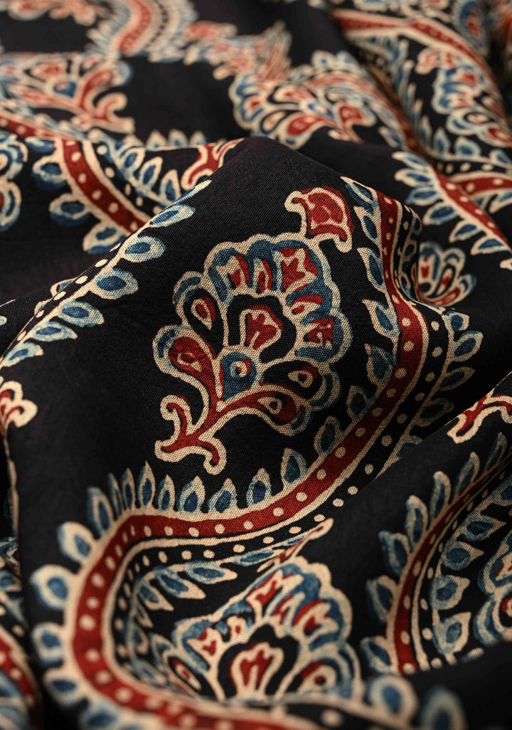 Black Ajrakh Hand Block Print on Dola Silk Saree with Fancy Zari Border