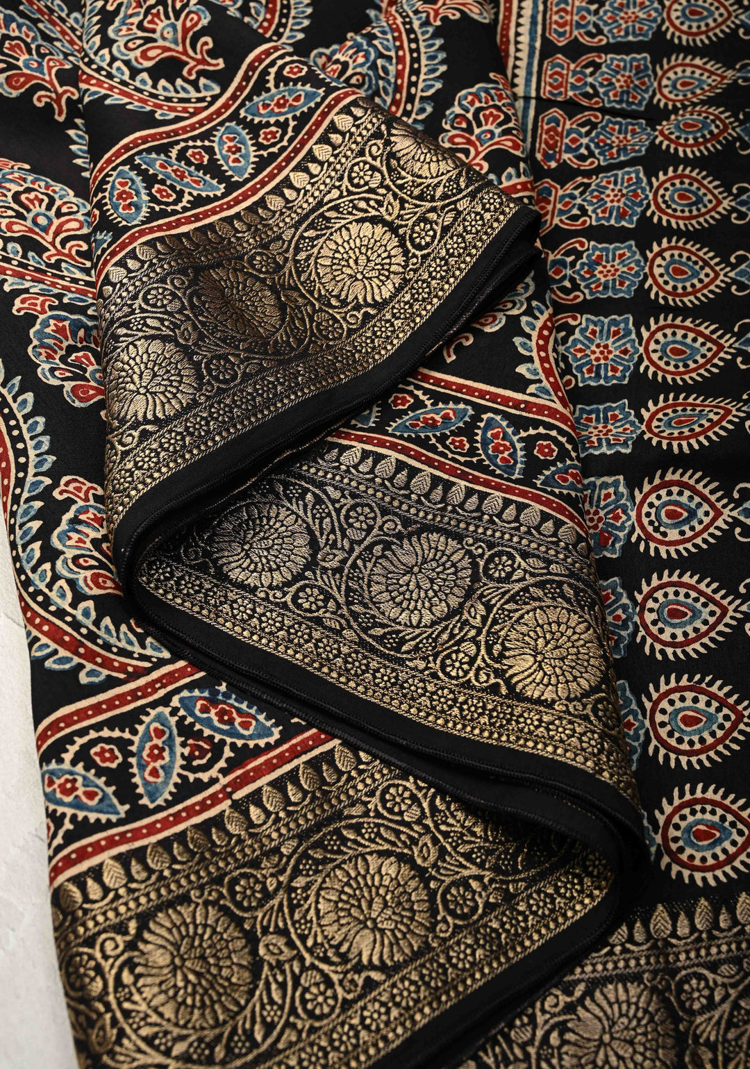 Black Ajrakh Hand Block Print on Dola Silk Saree with Fancy Zari Border