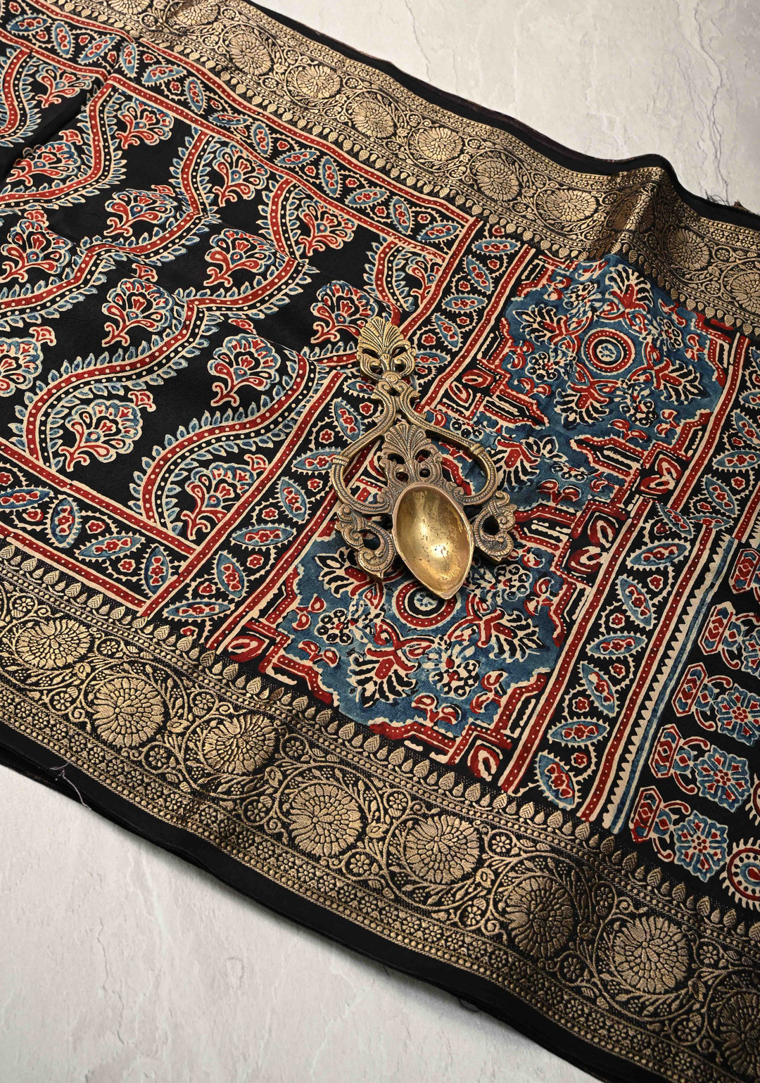 Black Ajrakh Hand Block Print on Dola Silk Saree with Fancy Zari Border