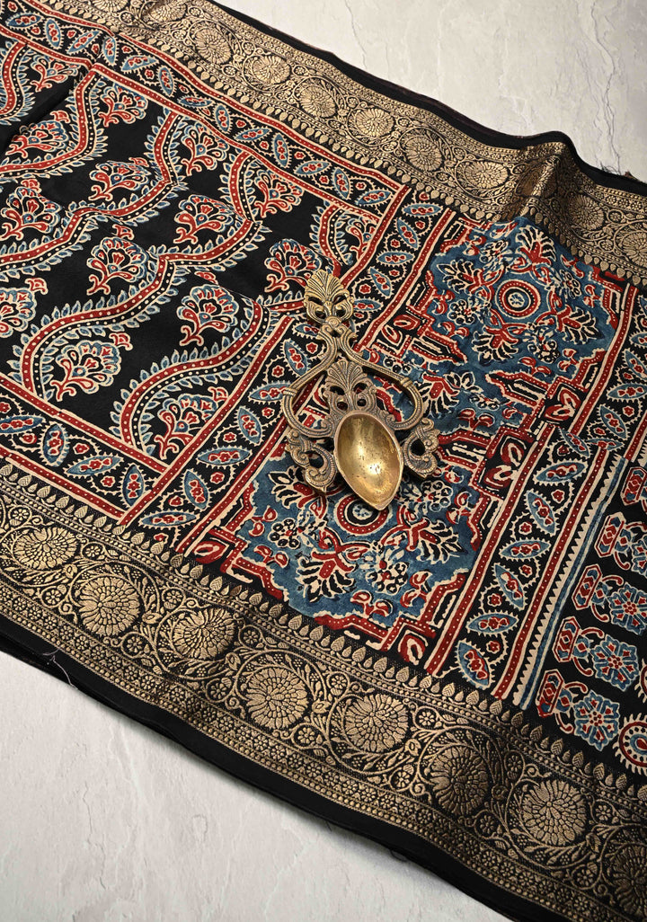 Black Ajrakh Hand Block Print on Dola Silk Saree with Fancy Zari Border