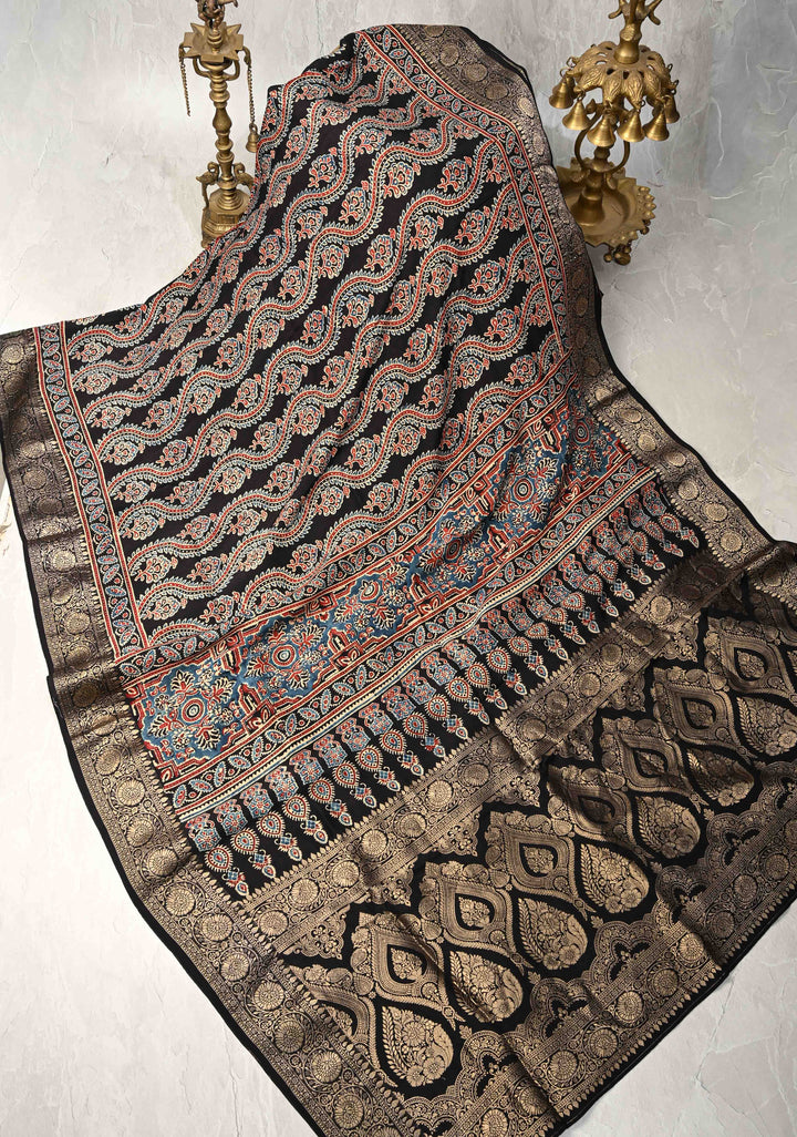Black Ajrakh Hand Block Print on Dola Silk Saree with Fancy Zari Border